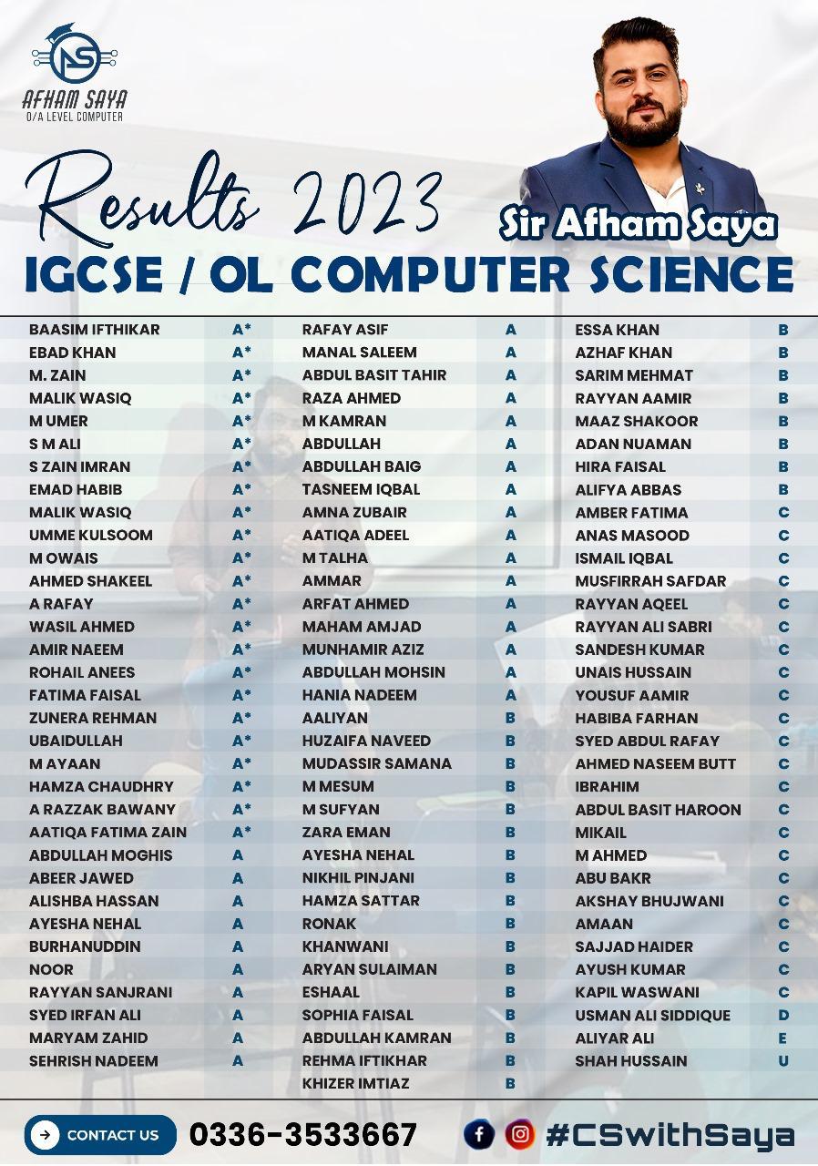 Results 2023 — IGCSE/O Level Computer Science, sheet 1 (A* to U grades)